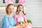 Happy easter! mother and child daughter with ears hare getting ready for holiday