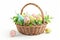 Happy easter mourning Eggs Parade Basket. White freaky Bunny plushie. Easter Sunday background wallpaper