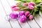 Happy easter. Multicolored spring tulips and Easter eggs. Spring and Easter decorations