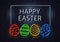 Happy Easter, neon greeting card with eggs. Dark retro brick wall background. Vector