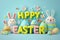Happy easter Orange Blaze Eggs Green grass Basket. White Desert bloom Bunny Eggstravaganza. Gold background wallpaper