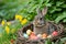 Happy easter orange fizz Eggs Sunlight Basket. Easter Bunny rabbit Passover. Hare on meadow with furry easter background wallpaper