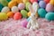 Happy easter orange glow Eggs Pastel turquoise blue Basket. White easter lily Bunny Bud. succulents background wallpaper