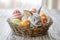 Happy easter orange pekoe Eggs Blooming Bounty Basket. White Idyllic Bunny rose gold. Sage Green background wallpaper