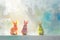 Happy easter Orange Rind Eggs Easter pageant Basket. White joyful Bunny Daffodil. well wish background wallpaper