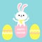 Happy Easter painted eggs. Rabbit bunny holding paw print hands up. Yellow scarf. Cute cartoon kawaii funny baby character. White