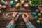 Happy Easter Painting Table Top View, Family Hands are Painting Easter Eggs, Celebration Preparing