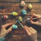 Happy Easter Painting Table Top View, Family Hands are Painting Easter Eggs, Celebration Preparing