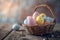 Happy easter pastel color Eggs Family Basket. White pollen Bunny Easter dinner. Easter festal background wallpaper