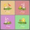 Happy easter pastel colorful cards Set meadow with rabbit, chicken, newborn, butterfly, eggs, flower, ladybug