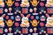 Happy Easter pattern. Bunny holding carrots, chicks, eggs, gifts, candles and cookies
