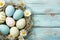 Happy easter Patterned eggs Eggs Easter egg party Basket. White seafoam green Bunny Rainbow. patio dining background wallpaper