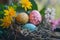 Happy easter peaceful thought Eggs Spring equinox Basket. White easter surprise Bunny Special prayers. representation background