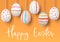 Happy Easter. pending easter eggs on golden background. Easter colorful hanging eggs with simple pink, orange, red, blue stripes