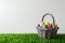 Happy easter Periwinkle Eggs Charming Basket. White Fable Bunny Font space. parade background wallpaper
