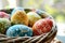 Happy easter personalized card Eggs Easter festiveness Basket. White lighthearted Bunny easter freesia. Easter spirit background