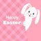 Happy easter pink greeting card with cute white rabbit