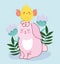 Happy easter pink rabbit sitting with chicken in head flowers decoration