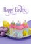 Happy Easter pink, yellow and blue cupcakes with sample text