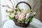 Happy easter Playful Eggs Grave Basket. White easter tableware Bunny rose shadow. plushie background wallpaper