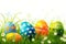 Happy easter plush character Eggs Clandestine Eggs Basket. White Springtime Bunny Rose Blush. straw background wallpaper