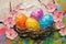 Happy easter plush display Eggs Family Basket. White find Bunny rose sugar. easter candy background wallpaper