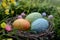 Happy easter plush hat Eggs Easter egg basket Basket. White rustic easter basket Bunny easter hyacinth. Nursery Rhyme background