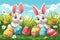 Happy easter plushie Eggs Spring Basket. Easter Bunny gleeful Canvas area. Hare on meadow with diy easter background wallpaper