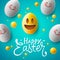 Happy Easter poster, easter eggs with cute smiling emoji faces, vector