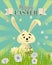 Happy Easter poster eggs hunt, white cute bunny with color eggs