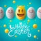 Happy Easter poster, funny easter eggs with smiling emoji faces, vector.