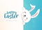 Happy Easter poster with white cute funny smiling rabbit