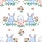 Happy Easter print textile. Rabbit. Hand drawn cute bunny and eggs pattern seamless. Vector illustration