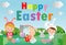 Happy Easter Rabbit Bunny greeting card on blue sky background. Easter banner template, Easter eggs Vector illustration