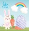 Happy easter rabbit with carrots egg rainbow clouds card