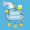 Happy Easter. Rabbit hare bunny and carrot, baby chicken shell. Cloud frame. Hanging painted eggs. Dash line with bows. Greeting c