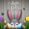 Happy easter with rabbit holding two egg colorful on wooden gray background