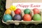 Happy Easter rainbow colored eggs in egg carton.