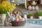 Happy easter Rebirth Eggs Glossy Basket. White bunny tote Bunny Spring blossom. warm wish background wallpaper