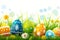 Happy easter Red Chrysanthemum Eggs Easterly Basket. White uplifted Bunny cyan blue. communion card background wallpaper