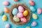 Happy easter Red Iris Eggs Pastel bold pink Basket. White radiant Bunny peonie. multi colored eggs background wallpaper