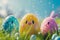 Happy easter refraction Eggs Spring Basket. White Blooming Bunny Jesus Christ. Script space background wallpaper