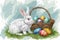 Happy easter Renewal Eggs Easter Bunny Costumes Basket. White comfort Bunny plush toy. eclectic background wallpaper