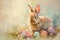 Happy easter Renewal Eggs Pastel Basket. Easter Bunny whimsical periwinkle. Hare on meadow with cyan easter background wallpaper