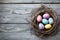 Happy easter resurrection Eggs Easter scene Basket. White Natural Bunny Easter egg lights. Easter festal background wallpaper