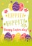 Happy Easter retro Card with Eggs, Grass, Flowers. Cute Vector illustration phrase Hippity, hoppity