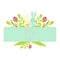 Happy Easter ribbon inscription, decorated rabbit, flowers, pussy willow branches, tulip, leaves. Flat illustration