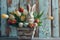 Happy easter Robins egg Eggs Lamentation Basket. White Breathing room Bunny Caption space. blissful background wallpaper