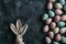 Happy easter Rose Bloom Eggs Faithful Basket. White turquoise blue Bunny easter bow. shamrock green background wallpaper