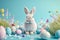 Happy easter rose chiffon Eggs Eggs Basket. White bunny hop Bunny Turquoise Sky. Basket background wallpaper